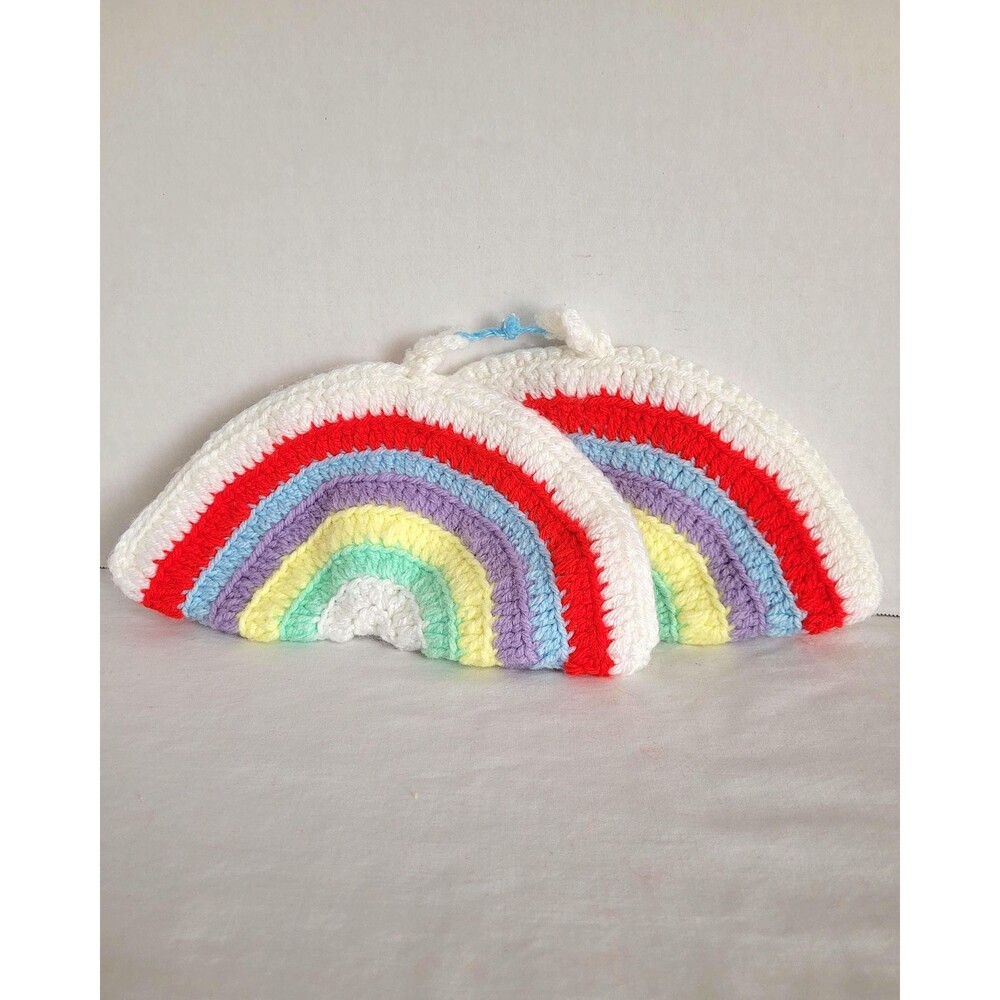 Vintage Rainbow Hand Crocheted Potholder Hot Pad set of 2